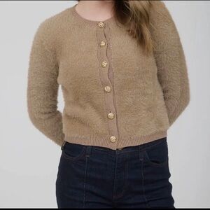 Tan Taupe Teddy soft furry crop length gold button Cardigan Sweater Jacket